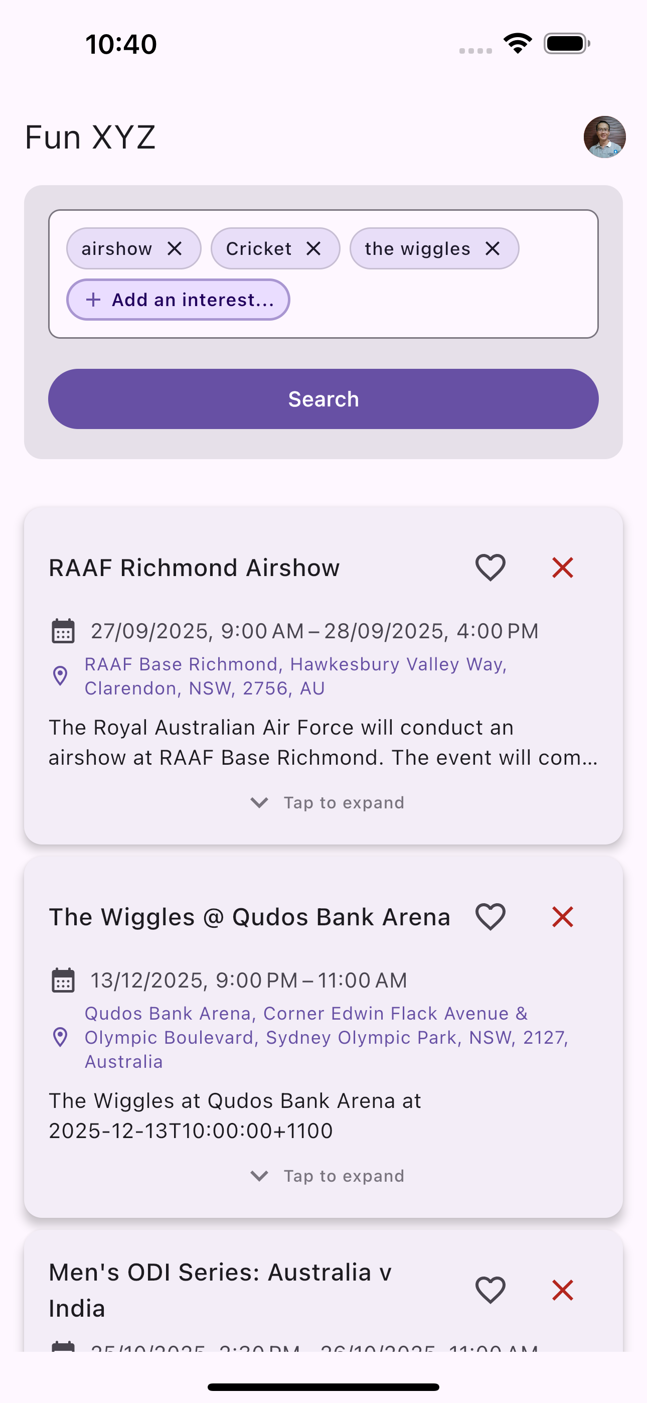 FunXYZ mobile app interface showing personalized event recommendations and AI-powered discovery features